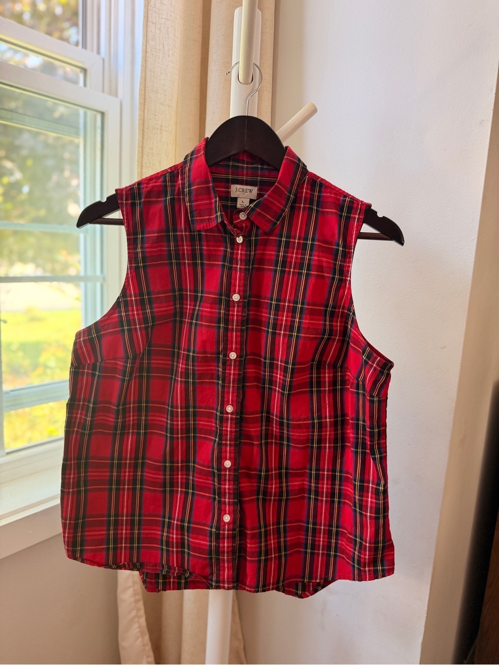 J. Crew Red Plaid Sleeveless Button-Up Collared Top